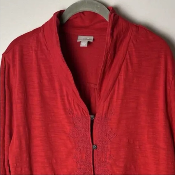 J. Jill Shirt Size XL Tunic Top Embroidered Long Sleeves Red Side Slits Cotton - Picture 3 of 7